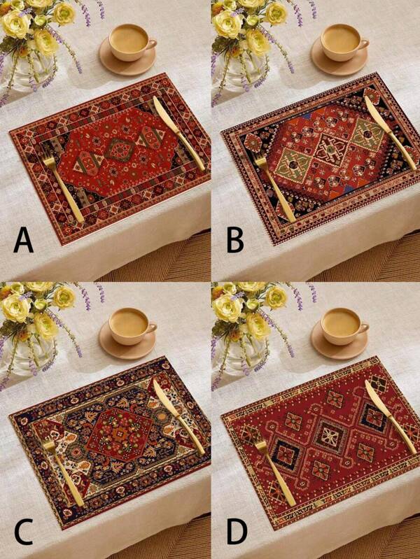 4/6pcs Bohemian Style Decorative Placemats, Black & Red Geometric Linen Placemats, Washable & Dirt-Resistant Placemats Suitable For Home, Restaurant, Dining Table Decoration, Household Items