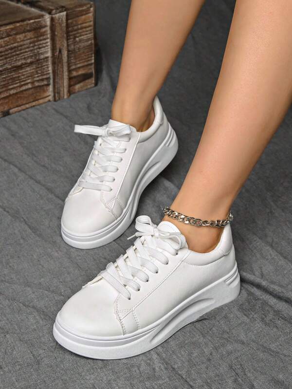 scarpe sportive alla moda da donna con suola spessa e bianca: in pelle PU di alta qualità, suola spessa per aumentare l'altezza, stile classico con lacci, versatile da abbinare a jeans, abiti e gonne