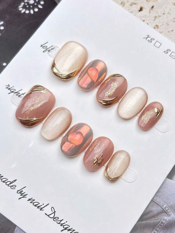 10 peças unhas postiças de acrílico estilo francês, curtas, ovais, estilo olho de gato, com design elegante, dourado, com linhas e elementos brilhantes, 100% feitas à mão, reutilizáveis, para uso diário ou em festas.