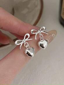 BALMORA 1 Pair Elegant Ins Style S925 Sterling Silver Bow Earring Heart Shaped Pendant Earrings For Women Girl Fashion Retro Party Daily Life Dating Gift Birthday Gifts - 銀色 - 查看 5