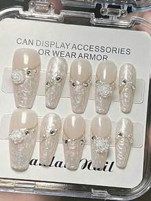 10pcs Handmade Press-On False Nails, Creative Coffin Shaped Artificial Nails, French Manicure Pull-String Nails, White Mother-Of-Pearl Textured French Simple Nails, With 3D Flower Pearl Diamond Bow Nail Decorations, Nude Nails, Coffin Nails, Fashionable Minimalist Colorful Nails, Cherry Blossom Nails, White Bow, White Nails, Pink Nails, Suitable For Spring, Summer, Autumn And Winter, European And American Style Nails, Cute Nail Decorations, Perfect For DIY Home Manicure, Office Daily Manicure, Gifts, Nail Art Supplies, Self-Learning Nail Art, Beginner Nail Art, Millennium Bug Style Nails, Fingernails, Nails, Upgraded Nails, Nail Art Set, Graduation Party Nails, Coffin Nail Tips, Almond Nail Tips, Nail Art Materials, Wedding Nails, Contrast Nails, New Style Nails, Birthday And Seasonal Gift Sets For Women And Girls! - White - View 21