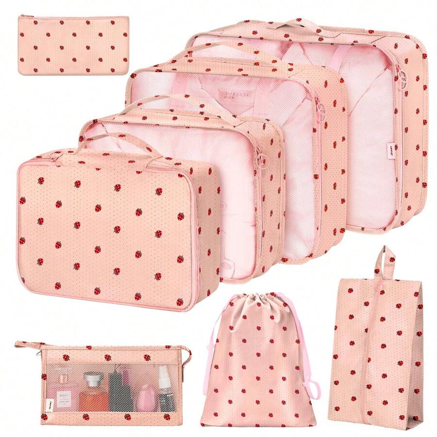 8pcs Travel Packing Cubes Set,Travel Portable Clothes Storage Bags, Compression Storage Shoe Bag, Clothing Underwear Bag, Luggage Packing Organizers,Pack Your Luggage With Ease ,Travel Essential Accessories - 粉底草莓 - 查看 1