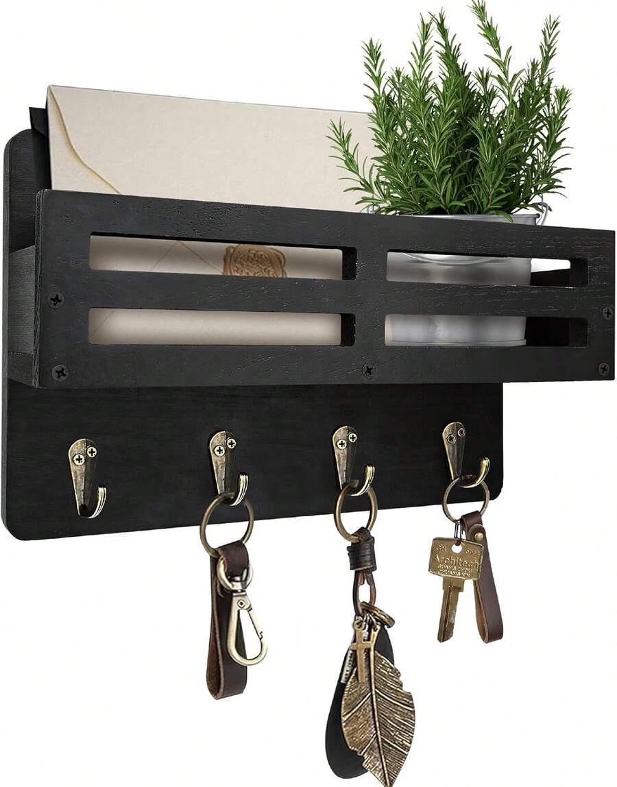 Key Holder Wall Mount, 10 Inch Decorative Key And Mail Holder For Wall, With Mail Organizer & 4 Key Hooks, Rustic Wooden Key Rack For Hanging Dog Leash Sunglasses, Entryway Key Hanger, Black - White - View 1