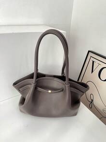 Bolsa de ombro feminina de cor sólida, 1 peça, moda retrô, grande capacidade, design com duas alças, fecho de pressão, adequada para viagens - Cinza - Ver 3