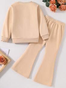 Tween Girls Cartoon Print Crew Neck Sweatshirt & Flare Pants Set - Khaki - View 2