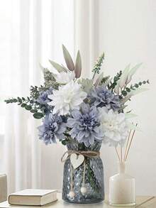 1束人造丝大丽花配桉树枝，仿真花花束，婚礼新娘捧花，桌面装饰，家居办公室浴室农舍厨房餐厅装饰 - 彩色 - 查看 5