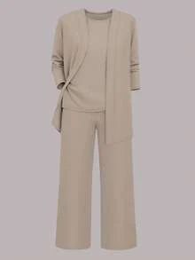 3pcs Women Casual Solid Color Outfit Set: Jacket/Cardigan + Round Neck Sleeveless Top + Elastic Waist Straight Leg Pants, Soft Stretchy Fabric, Loose & Comfortable Fit, Spring/Autumn/Winter