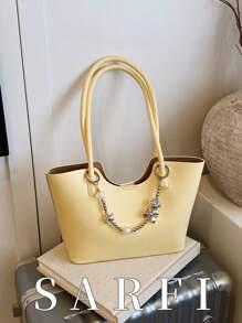 极简风纯色休闲女士托特包，精致五金挂件装饰单肩包，休闲百搭风校园学生包，磁扣开合多功能轻便收纳腋下包