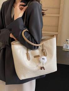 大容量女士时尚多功能单肩包，新款帆布手提包，时尚设计，适合上学、通勤和购物（不含吊坠） - 卡其色 - 查看 5