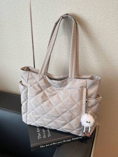 新款时尚大容量菱形图案双提手单肩手提包，轻便易携，女士钱包，适合夏季户外旅行，饰有动物吊坠，必备旅行背包