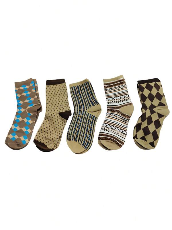 5 Pairs Of Back-To-School InS-Style Retro American Women's Mid-Calf Socks Suitable For All Four Seasons Of Spring And Autumn, Retro Mid-Calf Socks, Japanese-Style Mid-Calf Socks For Women, British-Style Khaki Small Diamond Check Retro Pile Socks, Socks