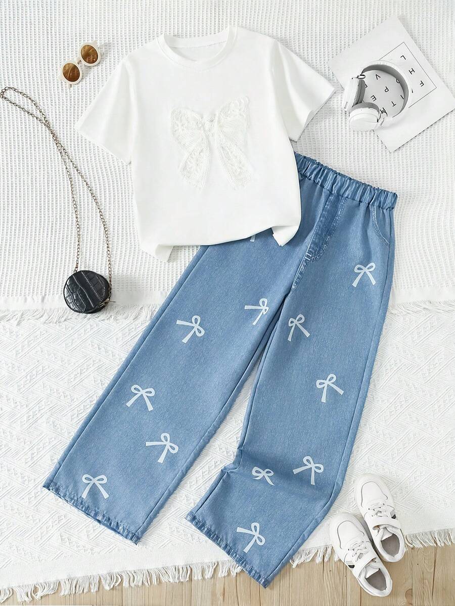 2件套青少年女童休闲时尚蝴蝶贴花短袖上衣和直筒裤套装 - 藍白色 - 查看 1