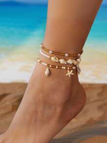 3pcs/Set White Pearl-Beaded Tassel, Starfish & Shell Pendant Anklet, Multilayer Foot Jewelry Suitable For Daily Wear And Beach Vacation - Multicolor - View 2