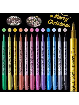 12Pcs Metallic Marker Pens, Fine Point Metallic Markers For Rock Painting, Black Paper, Card Making, Scrapbooking Crafts, DIY Photo Albums Back To School