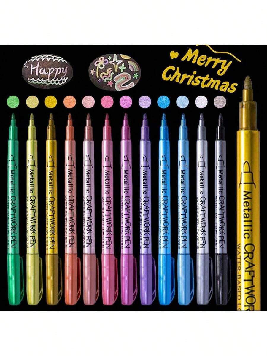 12支金属马克笔，细头金属马克笔，适用于岩石绘画、黑纸、卡片制作、剪贴簿工艺品、DIY相册返校 - 彩色 - 查看 1