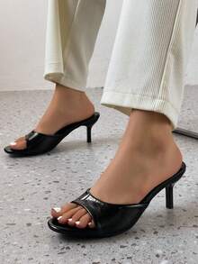 New Summer Women Shoes Lacquered Effect Mule Style Pointed Toe High Heel Sandals [Please Refer To Size Chart For Recommendation],Kitten Heels - Black - View 5