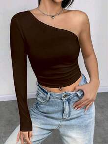 Women's Cropped Top T-Shirt Blouse With One-Shoulder Neckline Suplex Fabric Ideal For Going Out On Casual Romantic Elegant And Sophisticated Dates - 咖啡棕 - 查看 4