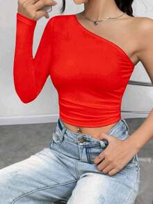 Women's Cropped Top T-Shirt Blouse With One-Shoulder Neckline Suplex Fabric Ideal For Going Out On Casual Romantic Elegant And Sophisticated Dates - 紅色 - 查看 1