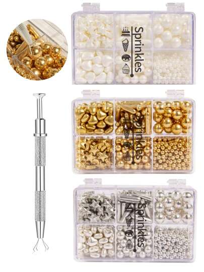 Perlas de azúcar comestibles de mezcla de plata, oro y blanco con bolígrafo de 4 garras, 4 onzas, empaque de caja de regalo, decoraciones para hornear pasteles, coberturas para helados y decoración de galletas, suministros para bodas, fiestas y Navidad