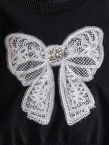 Girls' Elegant Beaded Bow Short Knit Pullover Sweater, Suitable For Casual Daily Wear, Spring, Autumn, Winter - Black - View 4