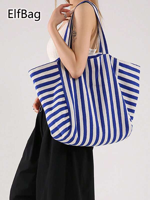 Women's Simple & Stylish Blue Striped Tote Bag, Casual Shoulder Bag With Large Capacity, Contrasting Color Design, Durable Fabric, Foldable & Lightweight, Suitable For Travel, Commute, Shopping, And School
