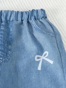 2件套青少年女童休闲时尚蝴蝶贴花短袖上衣和直筒裤套装 - 藍白色 - 查看 6