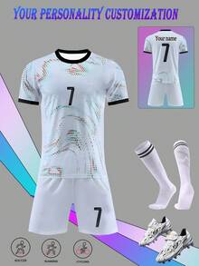 客製化葡萄牙國家隊 #7 個人化足球運動服套裝 - 青少年尺寸，聚酯纖維圓領上衣與短褲，適合男孩運動、訓練與休閒穿著，理想的戶外活動服，修身剪裁，足球球衣，生日禮物，返校季 - 白色 - 查看 3