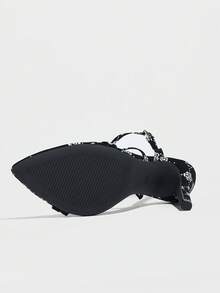 女士尖头花卉印花交叉踝带细高跟凉鞋，优雅、时尚、高端派对/宴会黑色高跟鞋