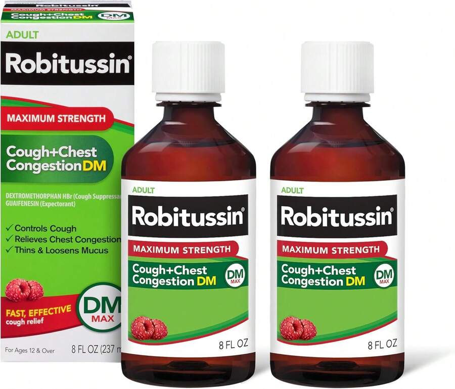 Robitussin Adult Maximum Strength Cough Plus Chest Congestion DM Max, Cough Suppressant And Expectorant, Raspberry Flavor, 8 Fl Oz X 2 - Black - View 1