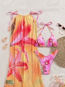 3pcs/Set Women's Tropical Print Bohemian Halter Tie Backless Bikini Swimsuit And Skirt Cover Up Set, Summer - Multicolor - View 2