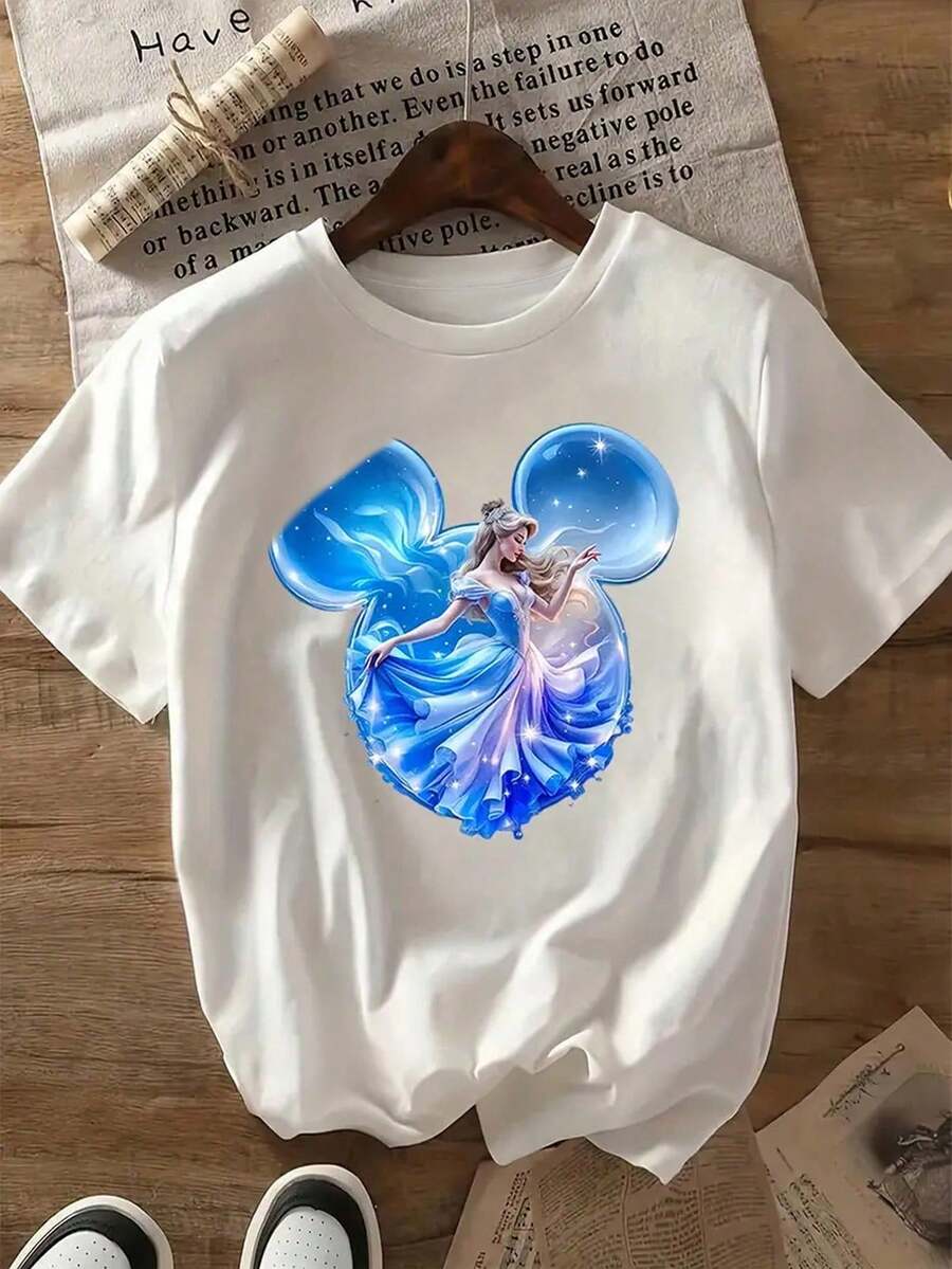 Cartoon Image Short Sleeve Round Neck T-Shirt, Casual And Fashionable Short Sleeve T-Shirt, Micro Elastic, Opaque, Easy Care Material, Perfect For Everyday Wear, Ladies T-Shirt - 白色 - 查看 1