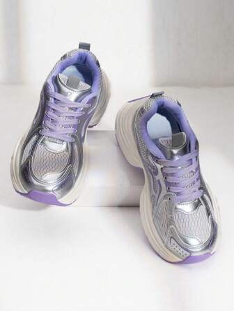Women's Gray Purple Sneakers, Thick Sole Sport Shoes 2025 Fall New Fashion Running Shoes, Mesh Vintage Chunky Sneakers, Patchwork Street Outdoor Fitness Walking Shoes, Breathable Casual Lace-Up Office Gym Summer Autumn