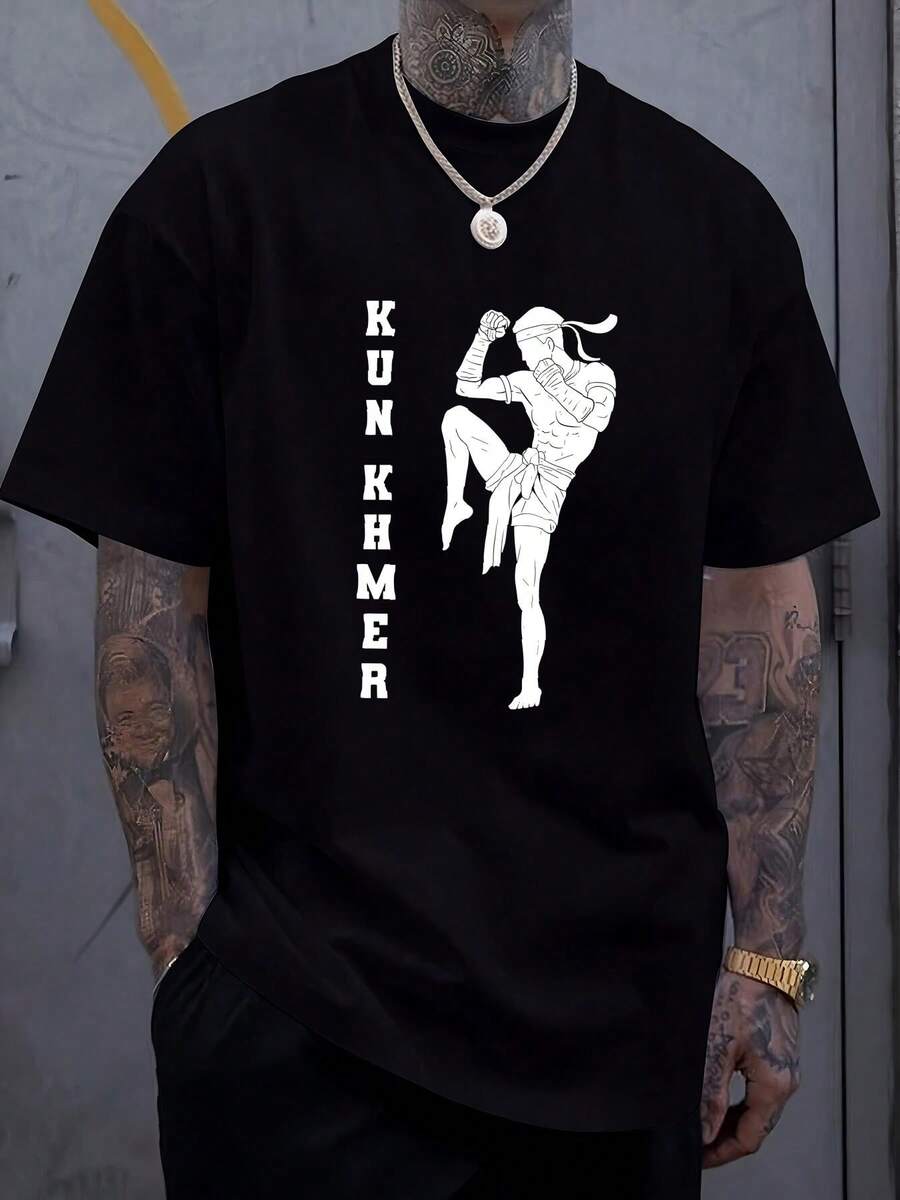 180g Pure Cotton New Limited Cambodia Martial Art, Cambodian Khmer Kun Khmer Bokator T-Shirt Casual Top For Everyday Wear For Women Print Round Neck Short Sleeve Designer Clothes Unisex Homme Comfortable Graphic Slightly Soft Versatile Stylish Summer Fashion Stretched Breathable Streetwear - 黑色 - 查看 1