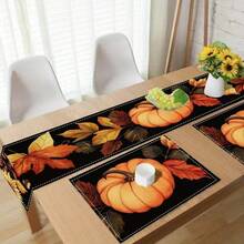 Un conjunto de 4/6 individuales para mesa y 1 camino de mesa, diseñados en un estilo temático de otoño con estampados de calabaza y hojas de arce, adecuados para mesas de comedor, muebles, decoraciones de fiestas festivas y pueden usarse tanto en interiores como en exteriores, lo que lo convierte en una elección ideal para la decoración de Acción de Gracias y otoño. - Multicolor - Ver 6