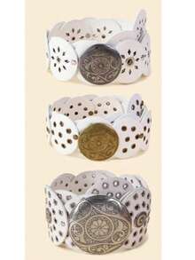 1 件装黑色 PU 圆盘拼接空心金属索环圆形女士腰带 夏季、秋季、万圣节