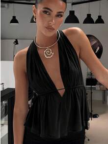 女士纯色系带露背打结涤纶吊带背心，适合海滩、晚宴、约会、婚礼、居家、正式晚宴、街头摄影、春夏、情人节派对等场合，黑色 - 黑色 - 查看 1