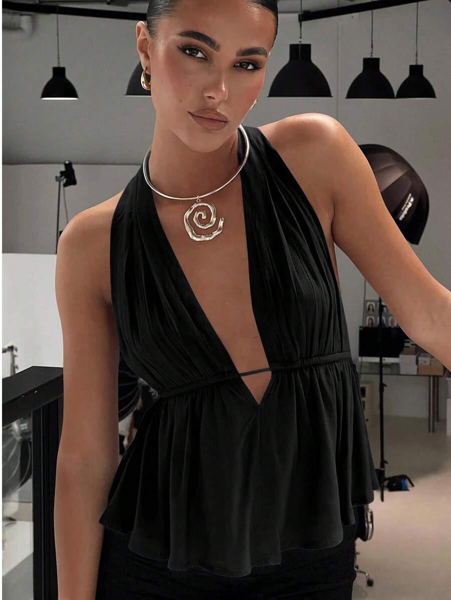 女士纯色系带露背打结涤纶吊带背心，适合海滩、晚宴、约会、婚礼、居家、正式晚宴、街头摄影、春夏、情人节派对等场合，黑色 - 黑色 - 查看 1