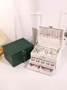 1 pieza Joyero de tres capas de gran capacidad, joyero multifunción de piel sintética (PU), joyero de tres capas con cerradura, joyero portátil, caja de almacenamiento para anillos, aretes y collares, caja de almacenamiento de joyería para tocador con cajón