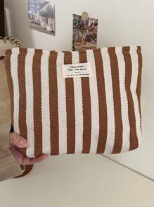 1 bolsa de maquillaje vertical de rayas frescas, bolsa de maquillaje minimalista de gran capacidad para llevar en la mano, bolsa de lona con cremallera y letras, bolsa de almacenamiento de maquillaje portátil, adecuada para viajes y uso diario
