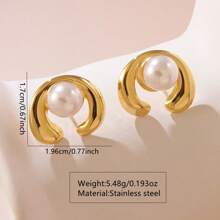1 Pair Fashion Asymmetrical Oval Hollow Faux Pearl Stainless Steel Earrings, Suitable For Women's Daily And Work Commute Wear