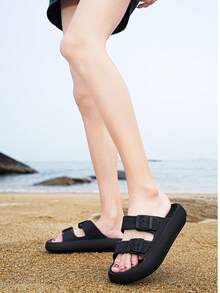 2025新款舒适休闲度假淋浴居家户外多功能沙滩通勤EVA可调节厚底减震女式拖鞋 - 黑色 - 查看 3