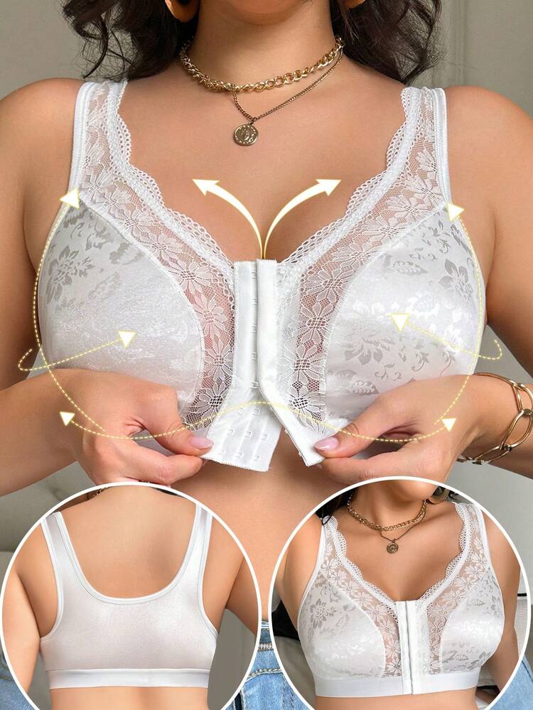 Plus Size Women Contrast Lace Comfortable Wireless Bra - White - View 1