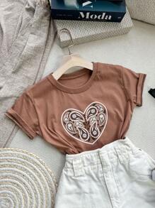 Camiseta Feminina algodão estilo simples Grande Coração Gota D'água