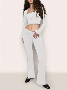 Women's Yoga Flare Pants, Solid Color Ruffled Low Waist Fitness Bootcut Leggings Workout Skinny Trousers - 白色 - 查看 1