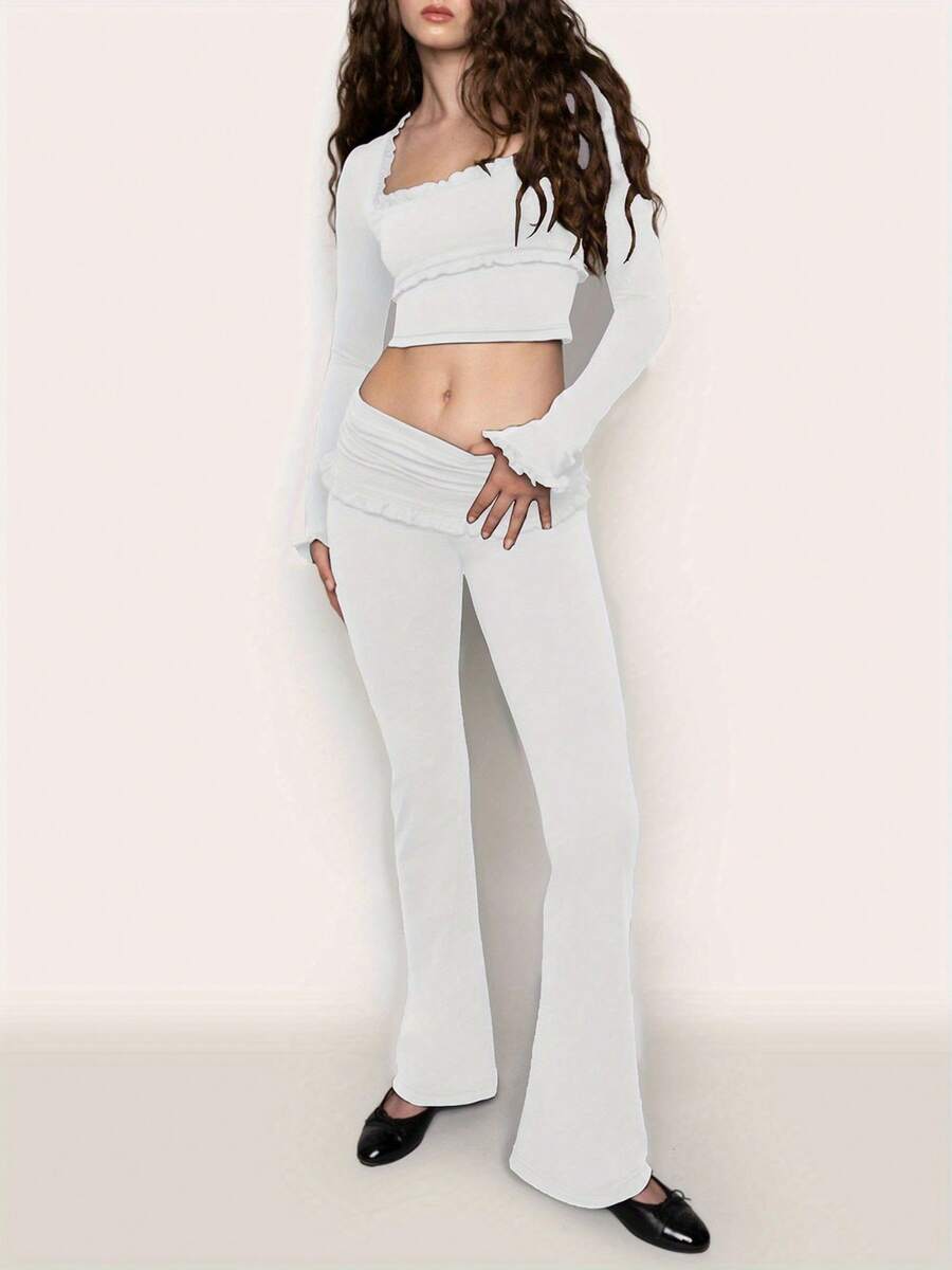 Women's Yoga Flare Pants, Solid Color Ruffled Low Waist Fitness Bootcut Leggings Workout Skinny Trousers - 白色 - 查看 1