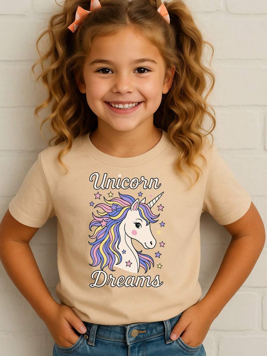 T-Shirt Blouse T-Shirt Unicorn Dreams Children's Girls 100% Cotton Drawings, School, Walk And Day To Day, Short Sleeve, Spring Summer / Pre-Teens - 米色 - 查看 1