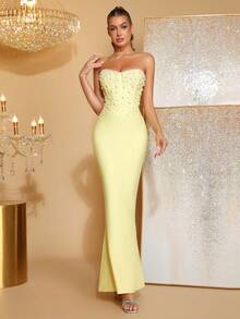 Nuevo vestido de novia con decoración de perlas sin tirantes de color rosa sexy, vestido de fiesta y noche - Amarillo - Ver 3