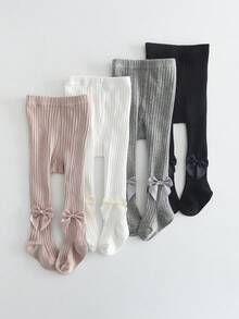 4 Pairs Baby Girls Tight Leggings, Bow Decor Tights, Suitable For Newborns And Toddlers