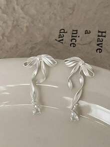 1 对带蝴蝶结耳钉的流苏耳环，优雅长流苏蝴蝶耳环，韩国时尚女士耳环，清新夏日风格 - 銀色 - 查看 2