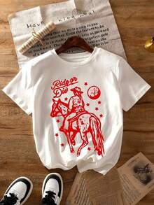 Camiseta de algodón con estampado RODEO vaquera die casual de moda para mujer - Blanco - Ver 1